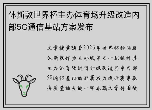 休斯敦世界杯主办体育场升级改造内部5G通信基站方案发布
