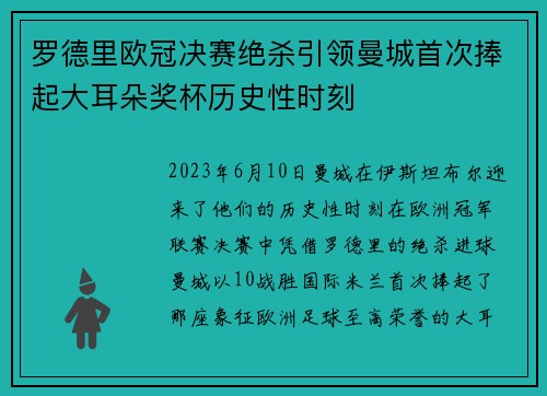 罗德里欧冠决赛绝杀引领曼城首次捧起大耳朵奖杯历史性时刻 罗德里欧冠决赛绝杀引领曼城首次捧起大耳朵奖杯历史性时刻